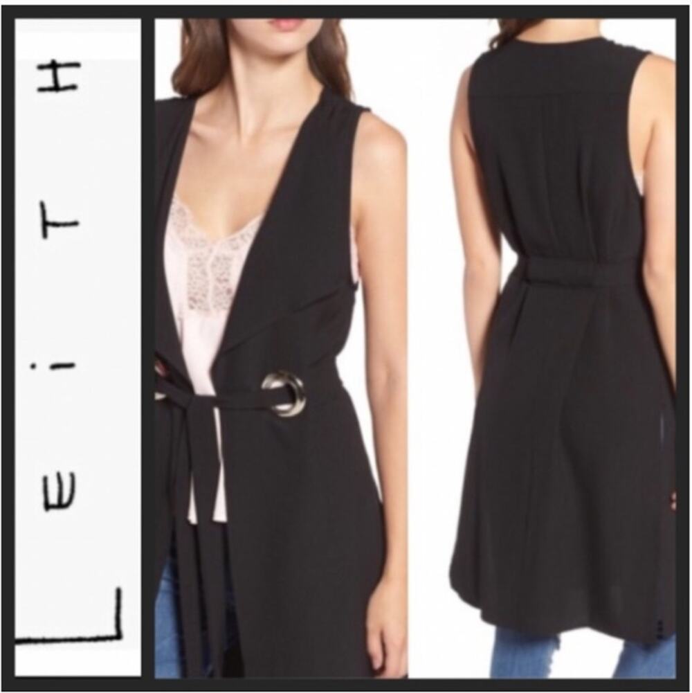 Leith Grommet Open Front Tie Waist Black Long Vest Size S